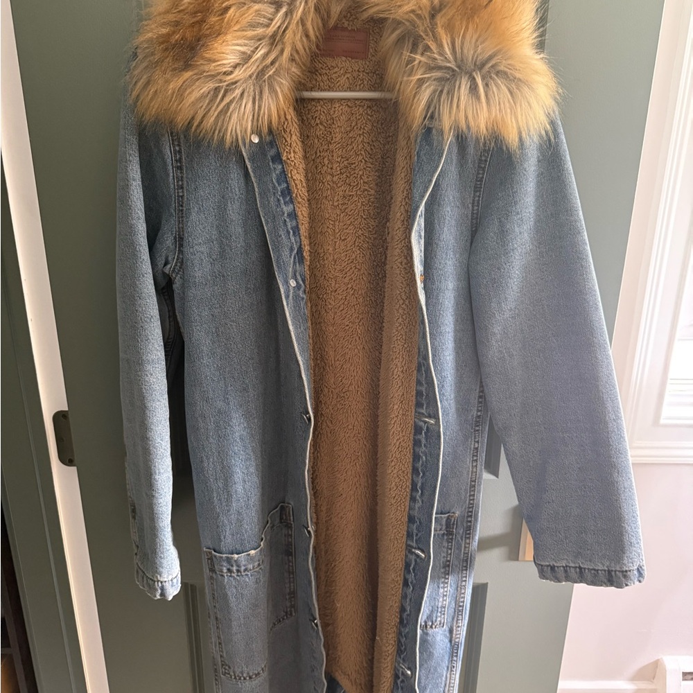 Zara Premium Denim Jacket with Tan Faux Fur